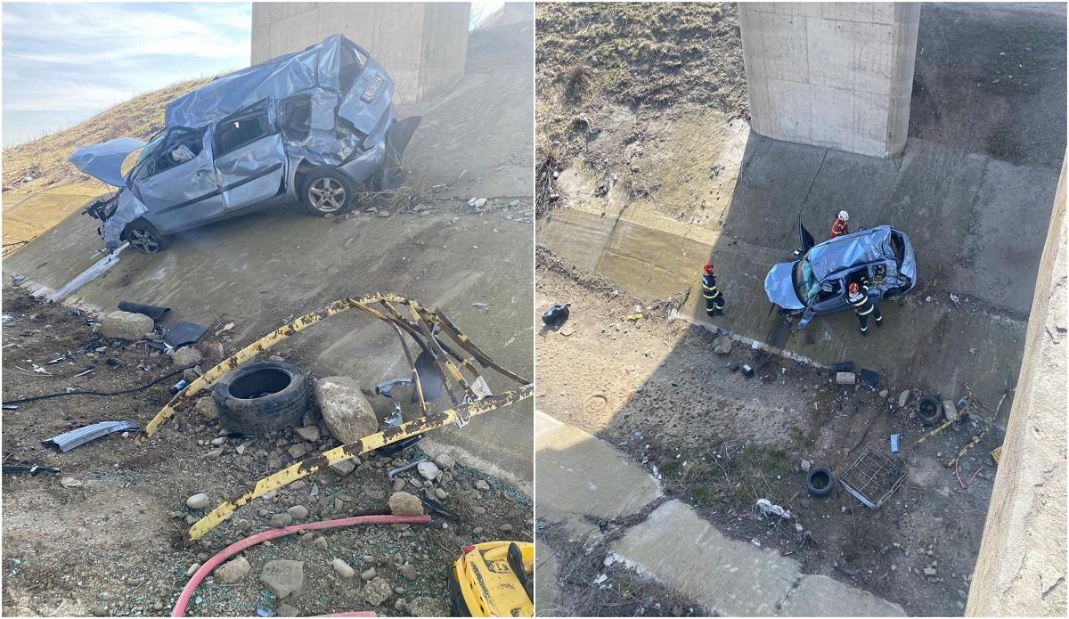 Două persoane au fost rănite, după ce mașina lor a căzut de pe un pod într-un canal betonat de irigaţii
