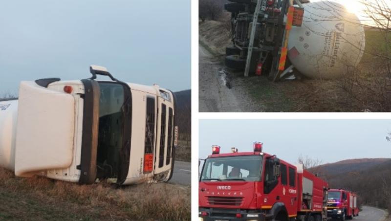 Accident grav în Vaslui. O cisternă încărcată cu 7 tone de gaz s-a răsturnat: pompierii au evitat o tragedie