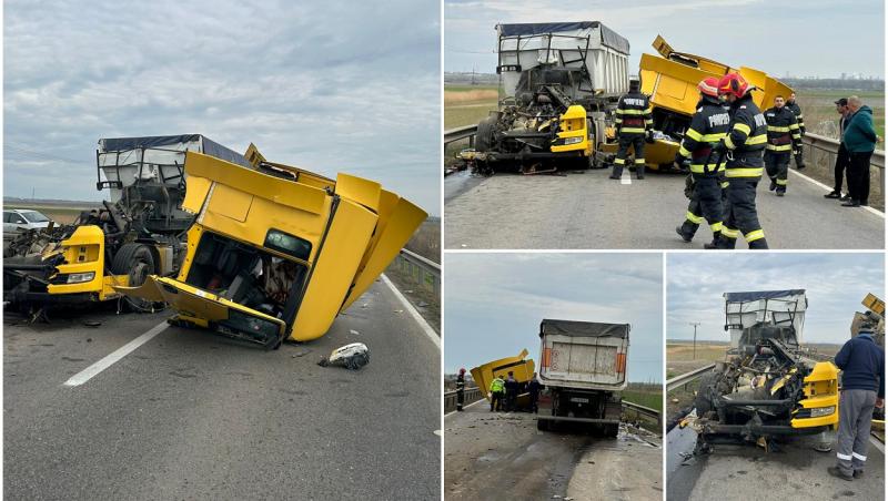 TIR dezmembrat pe un drum din Brăila, după un carambol cu un alt camion și o mașină. Cabina s-a rupt de pe șasiu