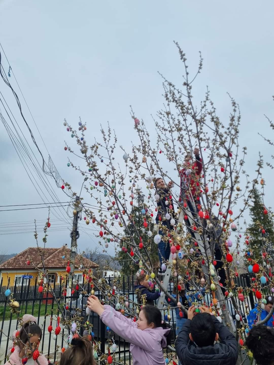 Zeci de localnici din Baia de Fier au împodobit copacul cu ouă roșii