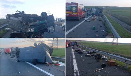 Accident grav pe A1, în Arad. Trei bărbați au fost răniți, după ce microbuzul în care se aflau s-a răsturnat