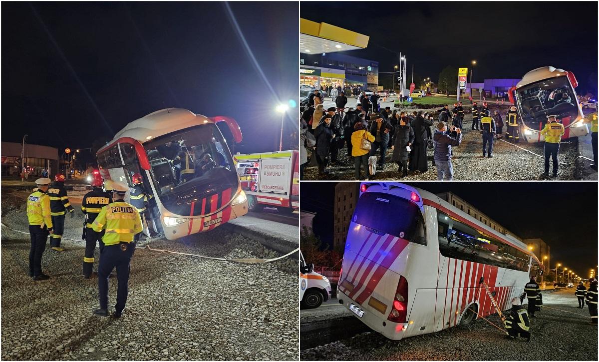 Un autocar care transporta 55 de pasageri, la un pas să se răstoarne după ce a derapat şi a rămas înclinat pe marginea drumului, în Alba Iulia