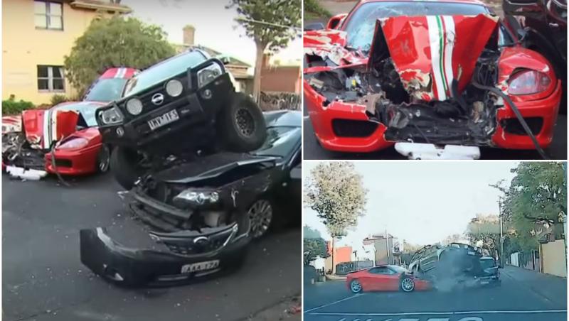 Momentul în care un Ferrari de 600.000 de euro se face praf pe o şosea din Australia. Şoferul a pierdut controlul şi s-a izbit violent de alte 2 maşini