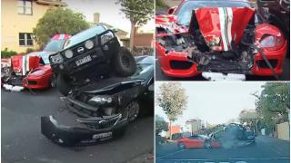 Momentul în care un Ferrari de 600.000 de euro se face praf pe o şosea din Australia. Şoferul a pierdut controlul şi s-a izbit violent de alte 2 maşini