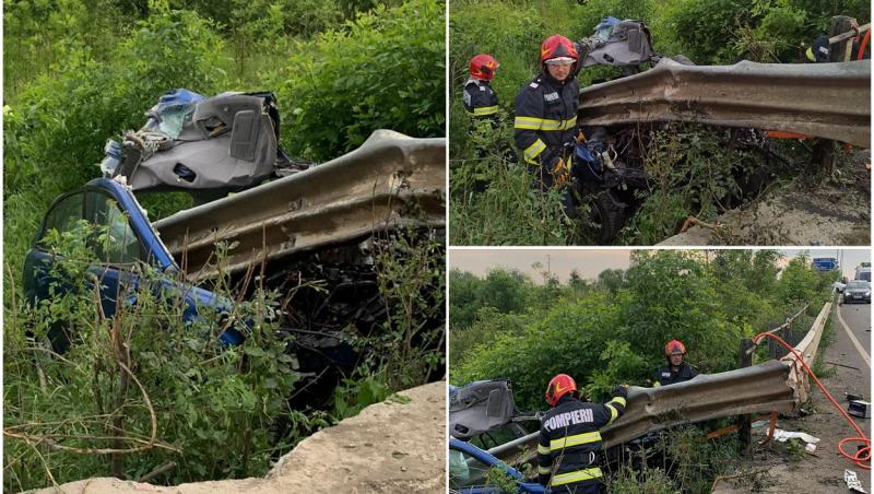 Mașină străpunsă de balustrada metalică, pe un drum din Satu Mre. Șoferul de 30 de ani ar fi aformit la volan