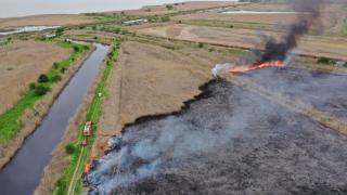 Incendiu de vegetaţie în Tulcea, focul se întinde pe 40 de hectare. Două echipaje de pompieri luptă cu flăcările