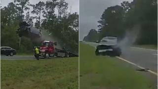 Accident de groază, pe o șosea din Georgia de Sud. Momentul în care o mașină se izbește puternic de remorca unui camion și este aruncată câțiva metri în aer