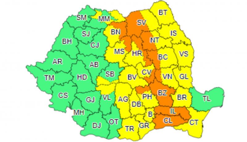 Cod portocaliu și galben de averse, vijelii şi vânt în jumătate de România. Zonele vizate