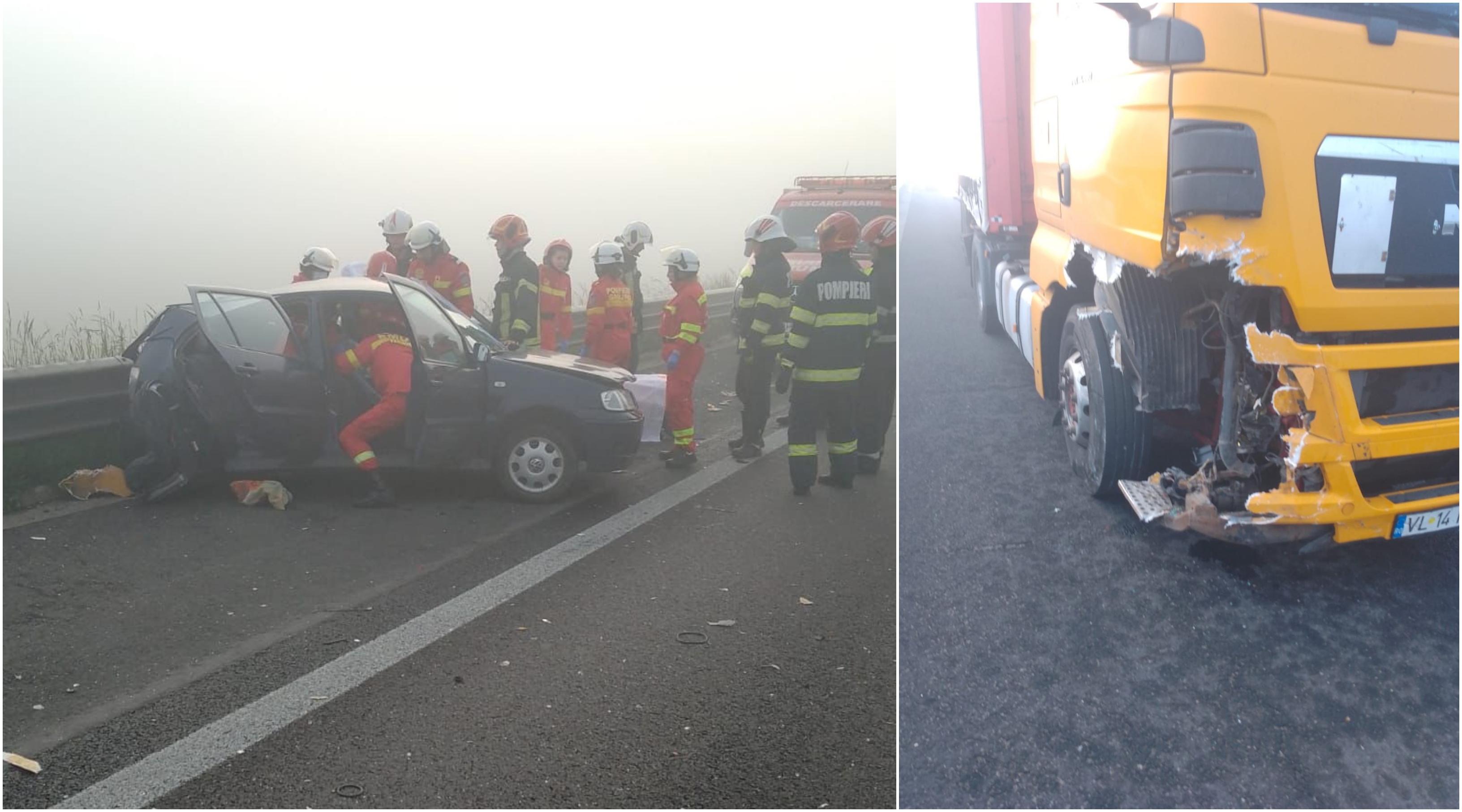 Accident pe A1 Sibiu-Deva. O persoană, rănită grav după ce s-a ciocnit cu maşina de un TIR şi a ricoşat în parapet