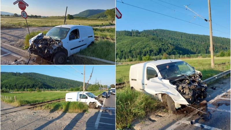 La un pas de moarte! Un șofer a scăpat ca prin minute, după ce mașina în care se afla a fost lovită de un tren, la Gura Humorului