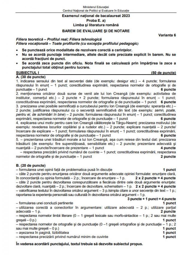 Barem Limba Română BAC 2023 - Profil real