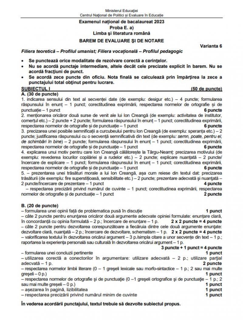 Barem Limba Română BAC 2023 - profil uman
