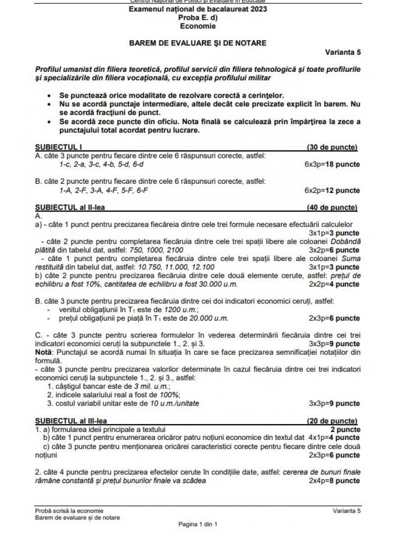 Bacalaureat. Barem Economie BAC 2023