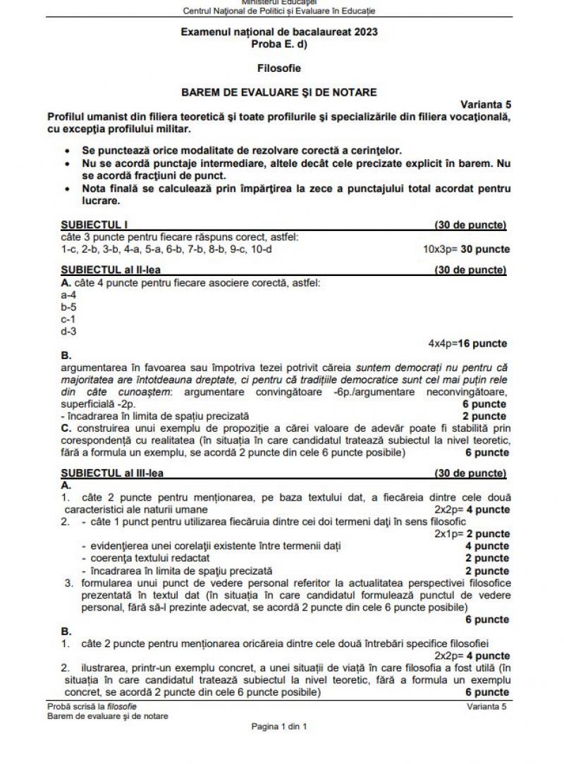 Bacalaureat. Barem Filosofie BAC 2023