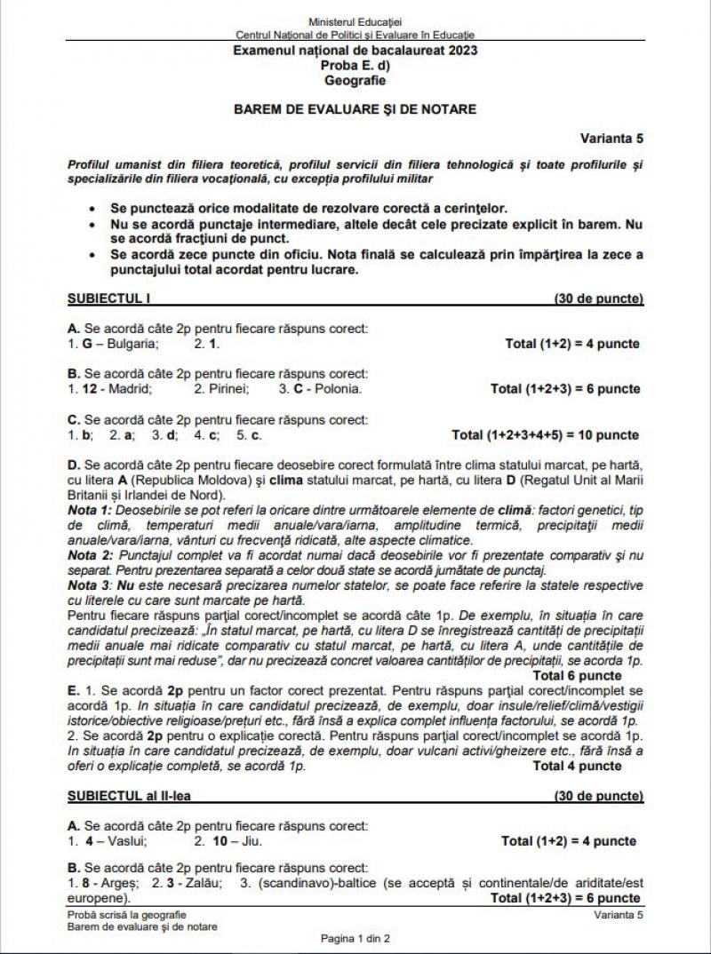Bacalaureat. Barem Geografie BAC 2023