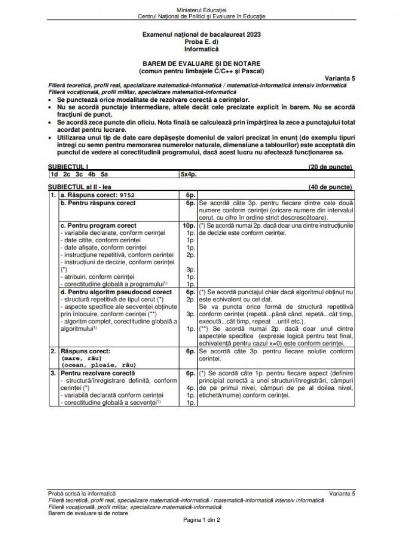 Bacalaureat. Barem Informatică BAC 2023