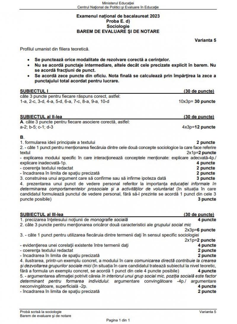 Bacalaureat. Barem Sociologie BAC 2023