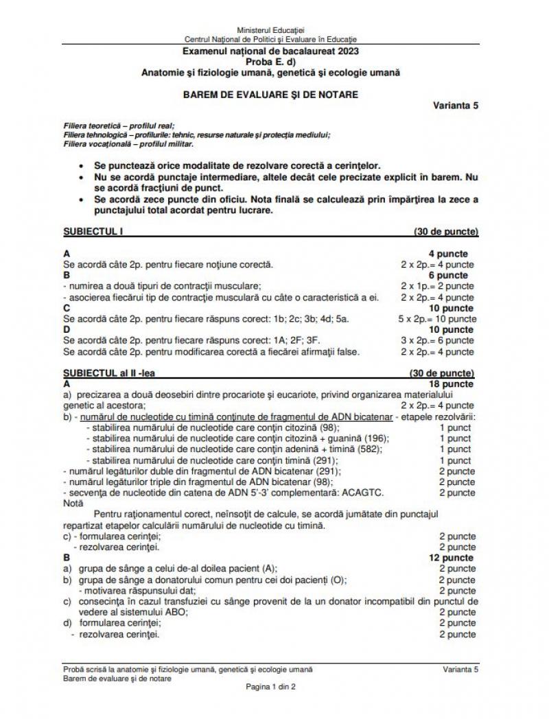 Bacalaureat. Barem Biologie anatomie umană BAC 2023