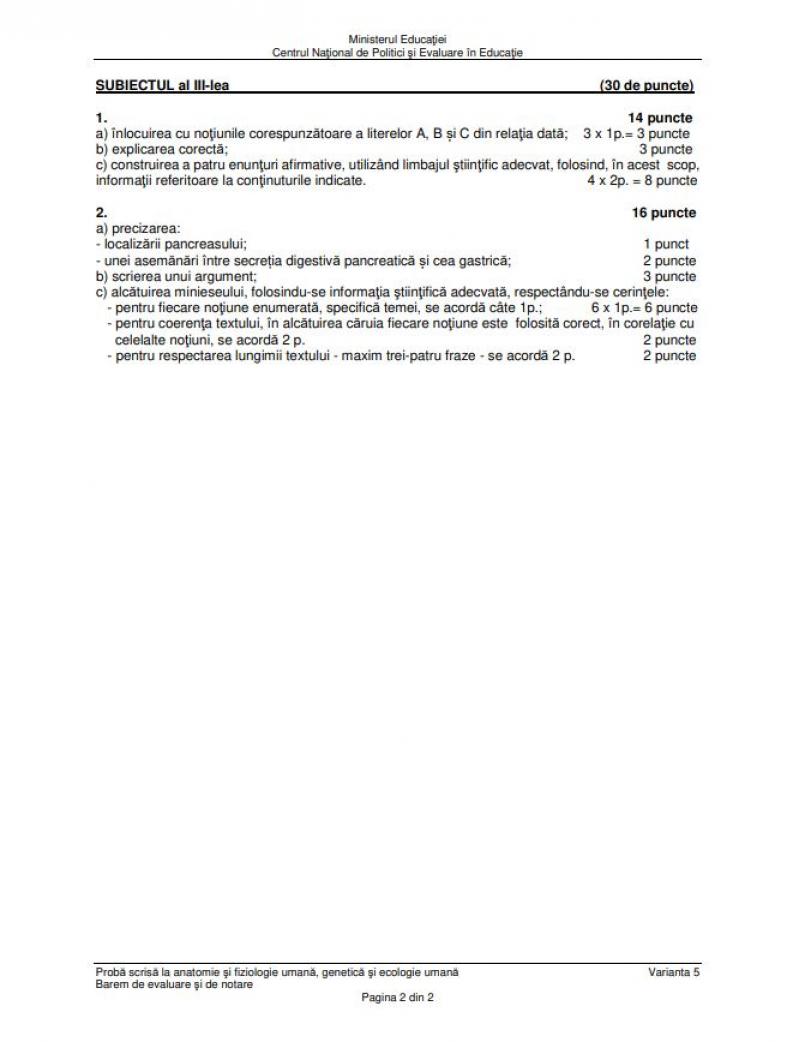 Bacalaureat. Barem Biologie anatomie umană BAC 2023