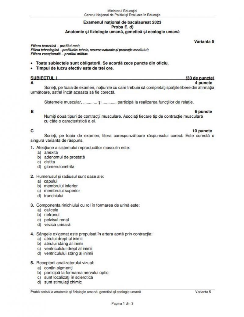Bacalaureat. Subiecte Biologie anatomie umană BAC 2023