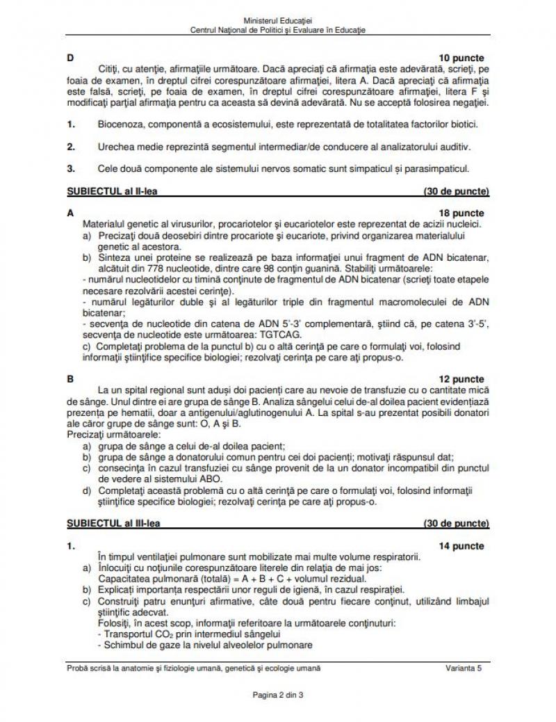 Bacalaureat. Subiecte Biologie anatomie umană BAC 2023