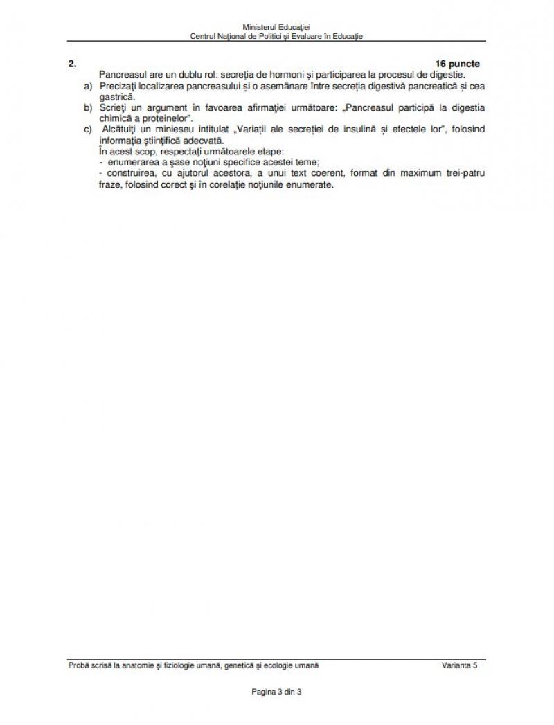 Bacalaureat. Subiecte Biologie anatomie umană BAC 2023