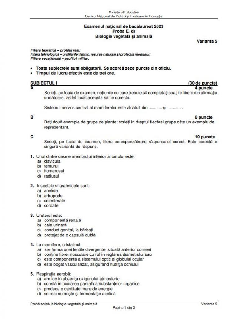 Bacalaureat. Subiecte Biologie vegetală şi animală BAC 2023