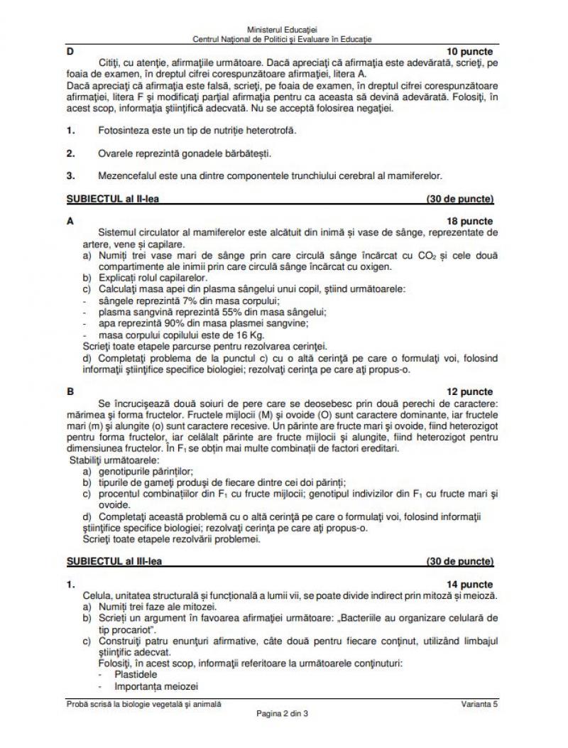 Bacalaureat. Subiecte Biologie vegetală şi animală BAC 2023