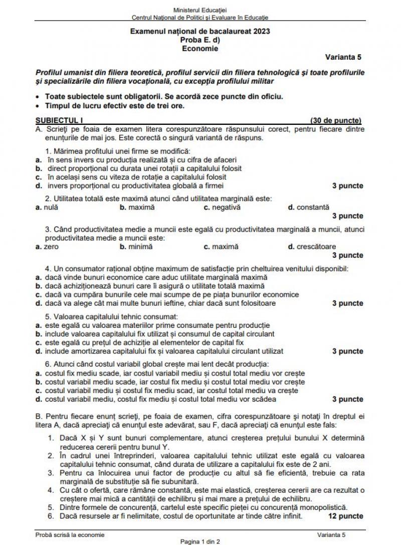 Bacalaureat. Subiecte Economie BAC 2023