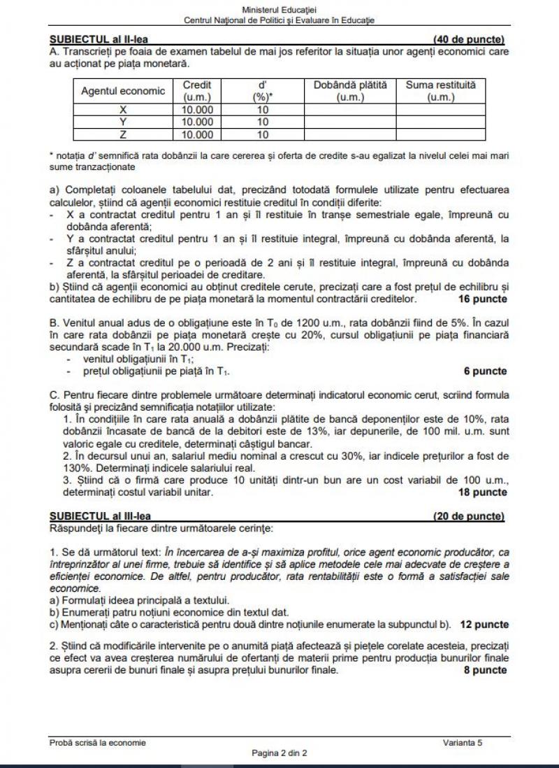 Bacalaureat. Subiecte Economie BAC 2023