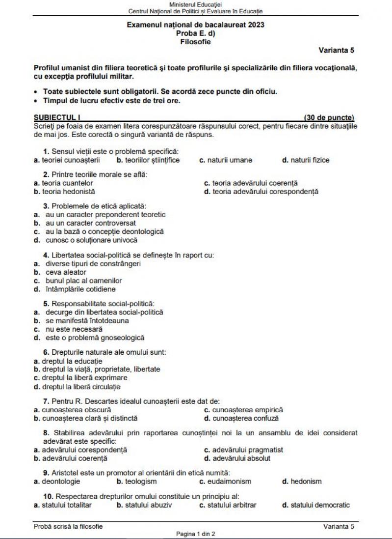 Bacalaureat. Subiecte Filosofie BAC 2023