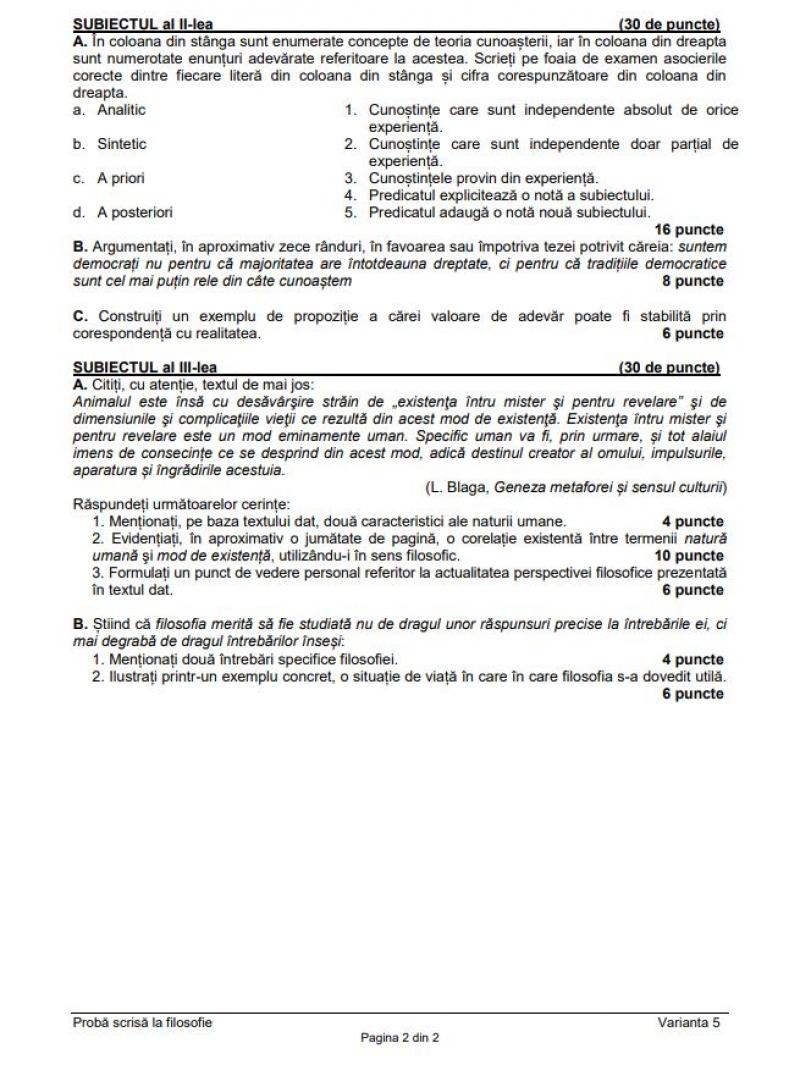 Bacalaureat. Subiecte Filosofie BAC 2023