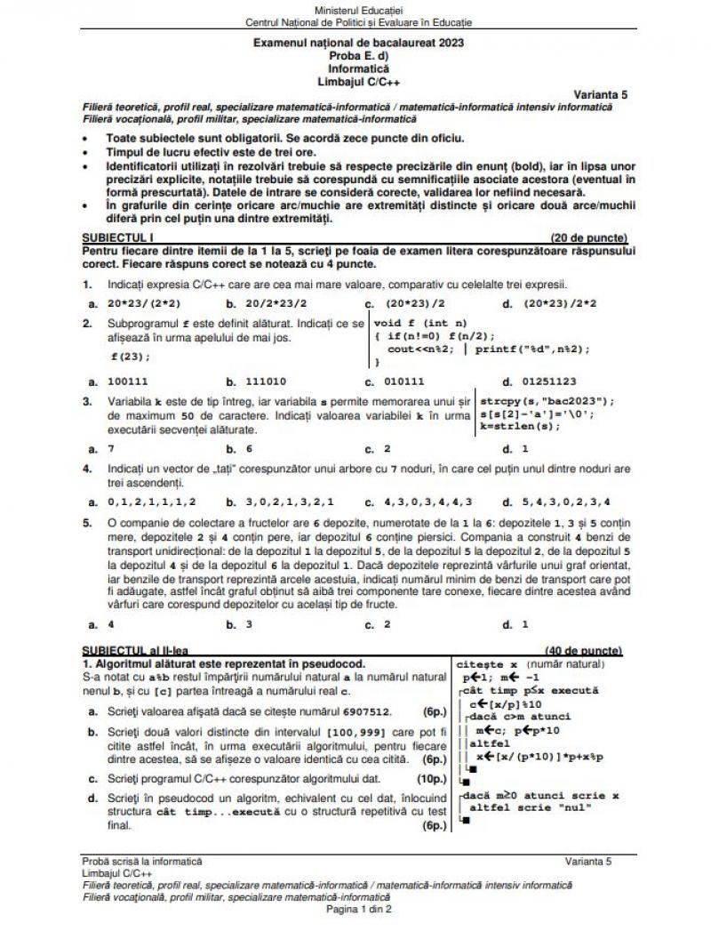 Bacalaureat. Subiecte Informatică BAC 2023