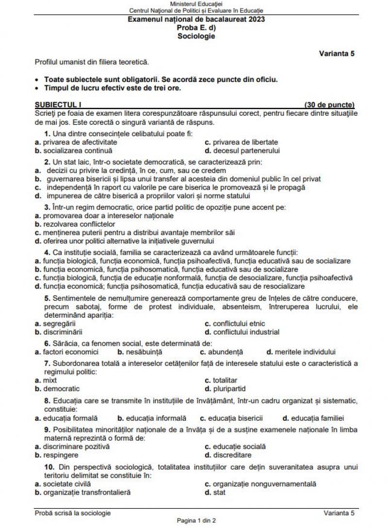 Bacalaureat. Subiecte Sociologie BAC 2023