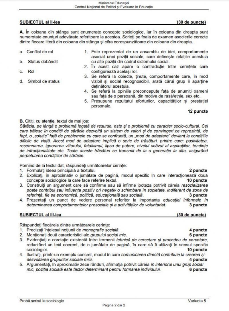 Bacalaureat. Subiecte Sociologie BAC 2023