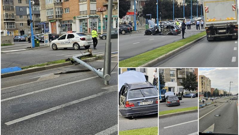 Un șofer de BMW a doborât un semafor și a distrus doi stâlpi în Mehedinți, după ce a pierdut controlul volanului. Bărbatul a fugit, lăsând în urmă doi răniți