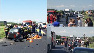 Prăpăd pe DN 6, în Caraş-Severin. Cinci persoane, între care şi un copil, rănite într-un accident cu două mașini. A intervenit elicopterul SMURD