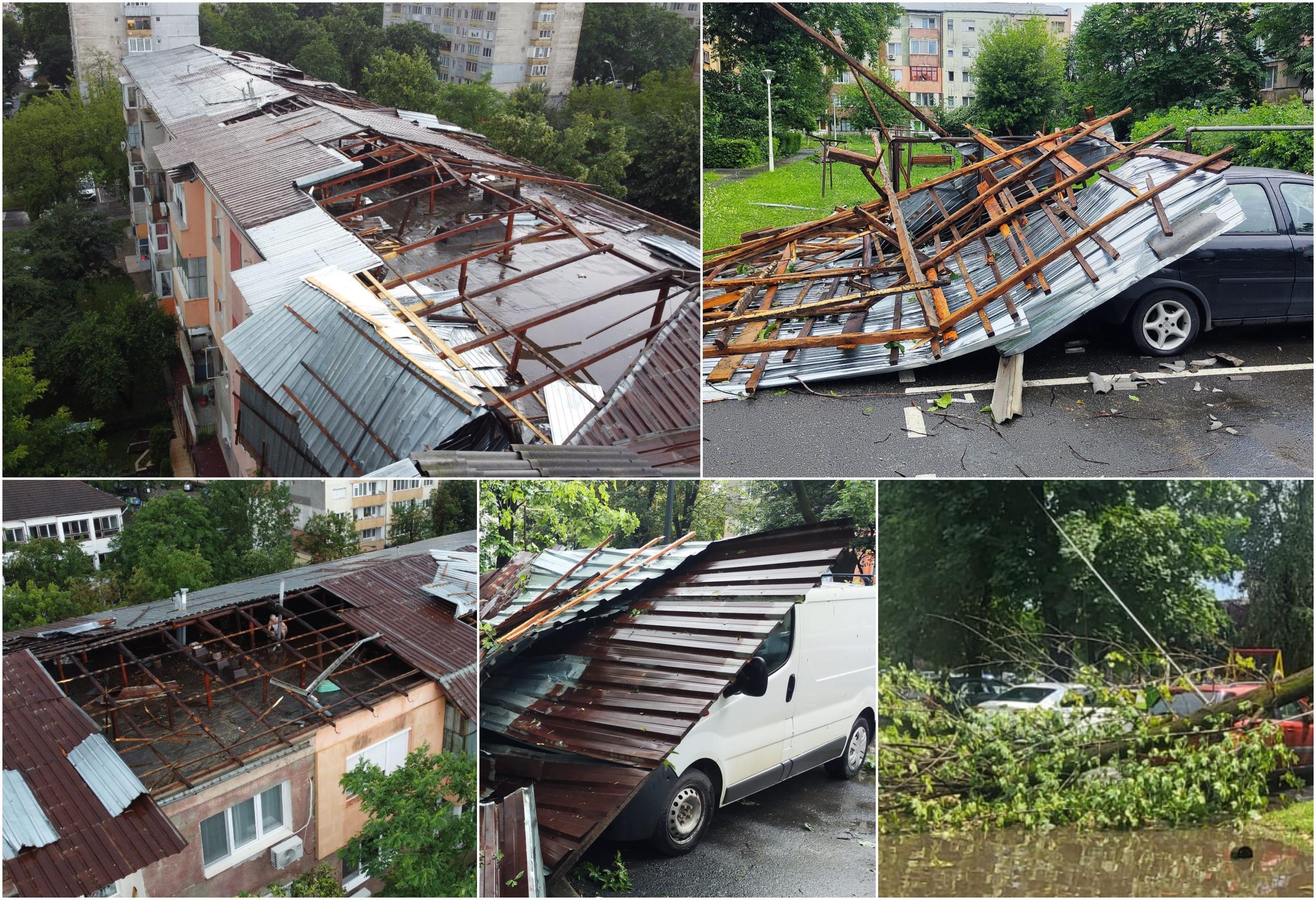 Vijeliile au produs pagube în Hunedoara. Un acoperiş de 90 de metri şi mai mulţi copaci smulse de vânt au căzut direct pe maşinile oamenilor
