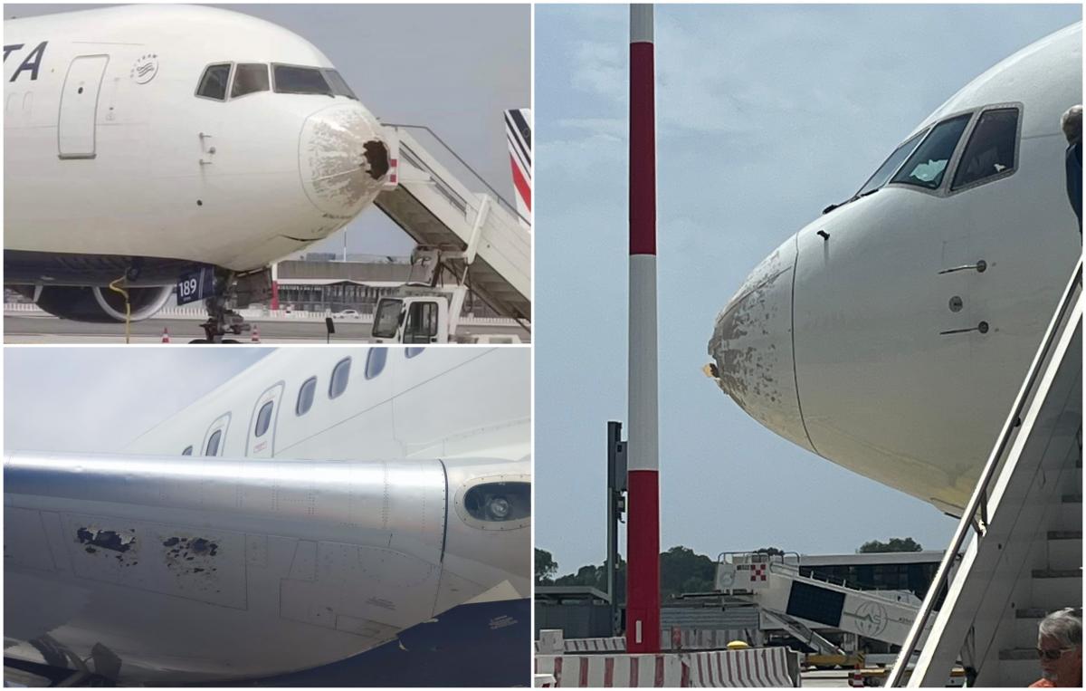 Clipe de groază pentru 200 de pasageri ai unui zbor Milano - New York, în timpul unei furtuni. Avionul, puternic avariat de grindină Clipe de groază pentru 200 de pasageri ai unui zbor Milano - New York, în timpul unei furtuni. Avionul, puternic avariat de grindină