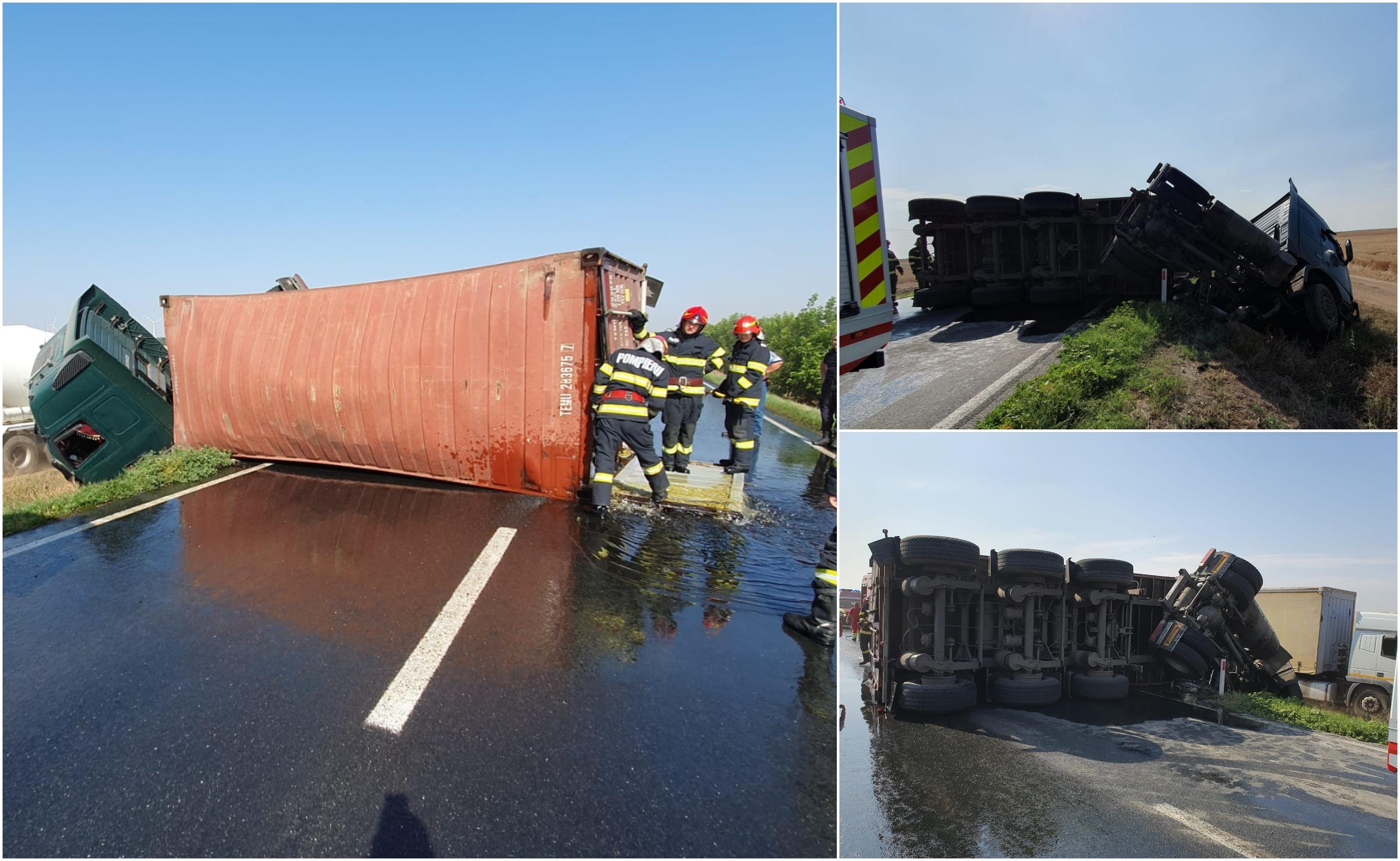 Camion încărcat cu ulei, răsturnat pe DN 2A în Constanţa. Şoferul a refuzat transportul la spital. Circulaţia, alternativă pe un fir