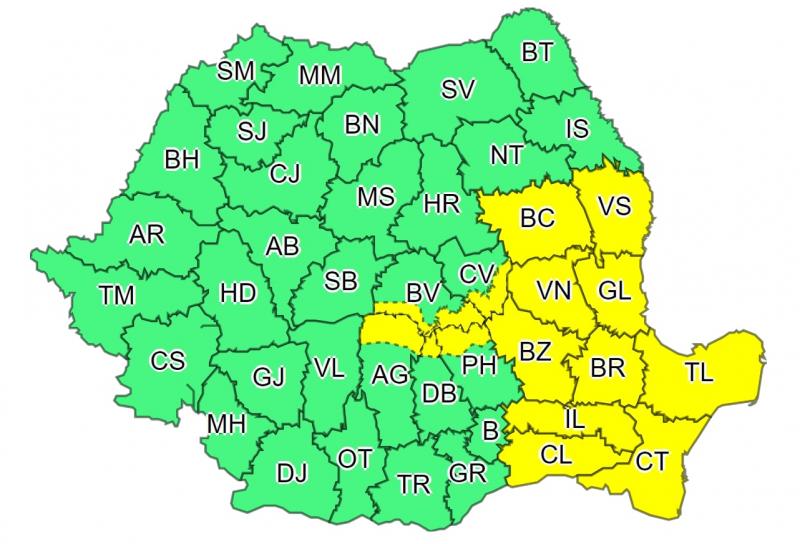 Cod Galben de vânt şi ploi abundente în partea de sud-est a ţării. Harta judeţelor vizate Cod Galben de vânt şi ploi abundente în partea de sud-est a ţării. Harta judeţelor vizate