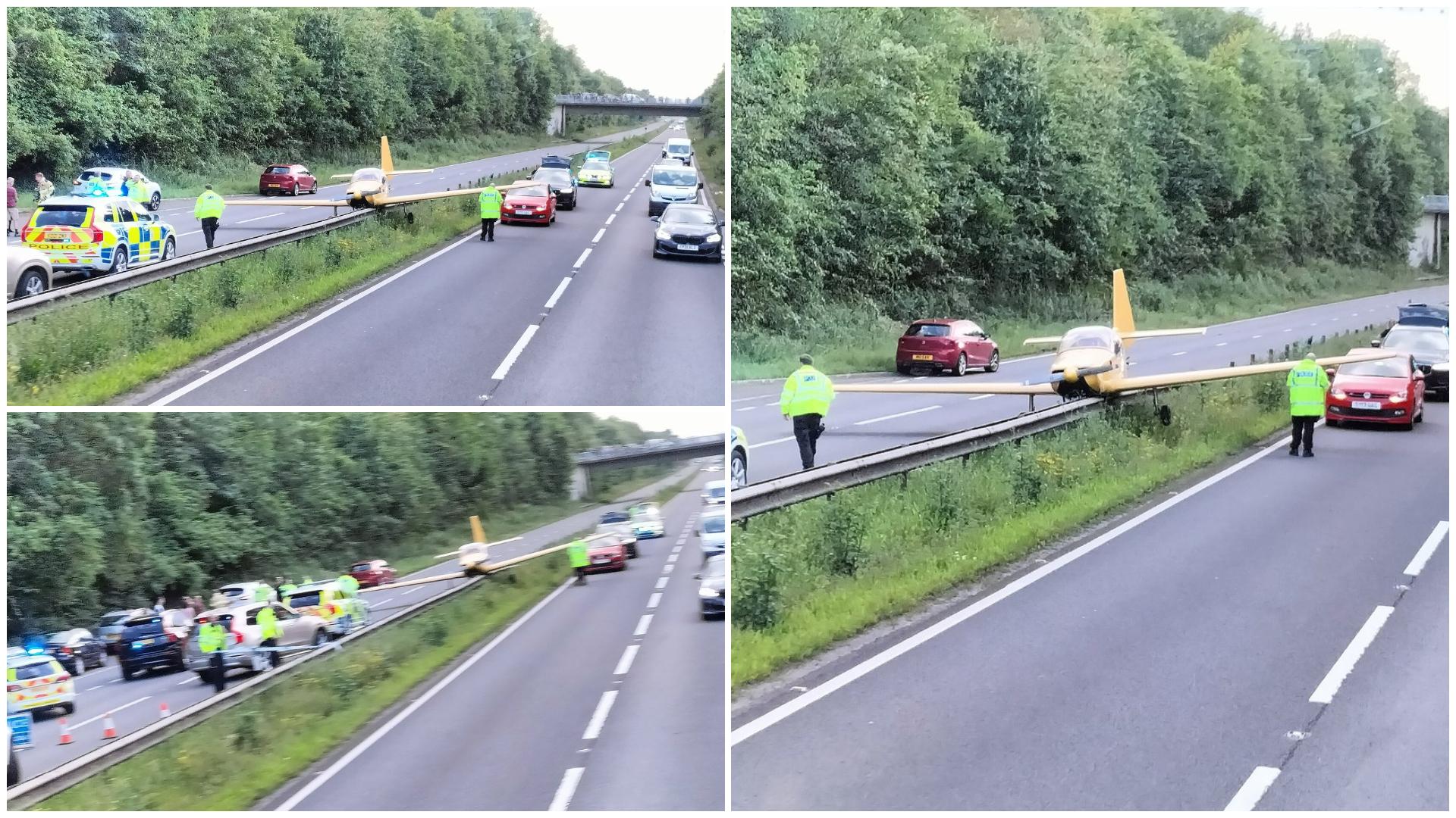 Un avion ușor, surprins când ateriza chiar între sensurile de mers al unei autostrăzi din UK