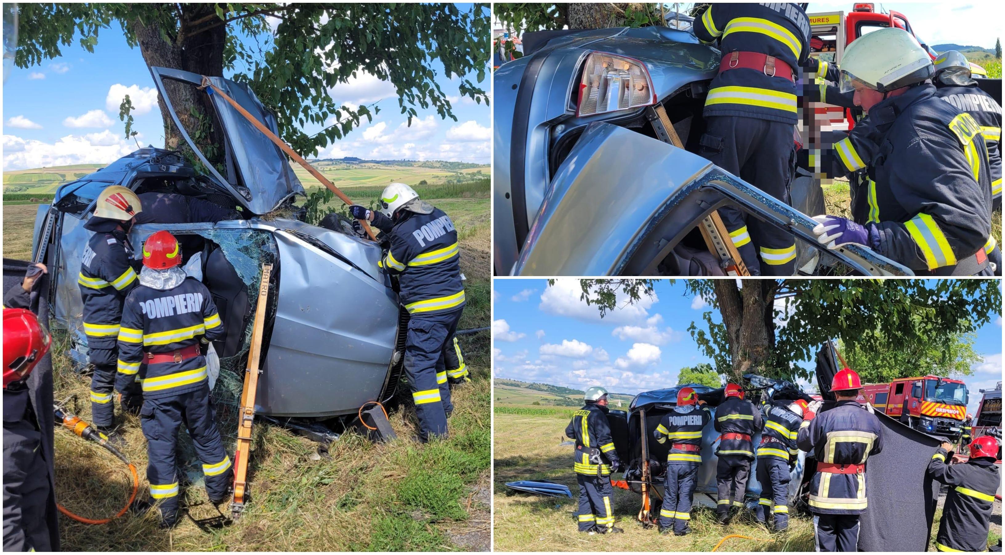 Accident înfiorător în Mureş. O maşină a rămas încolăcită într-un copac, un pasager a murit. Alte 3 persoane, rănite uşor