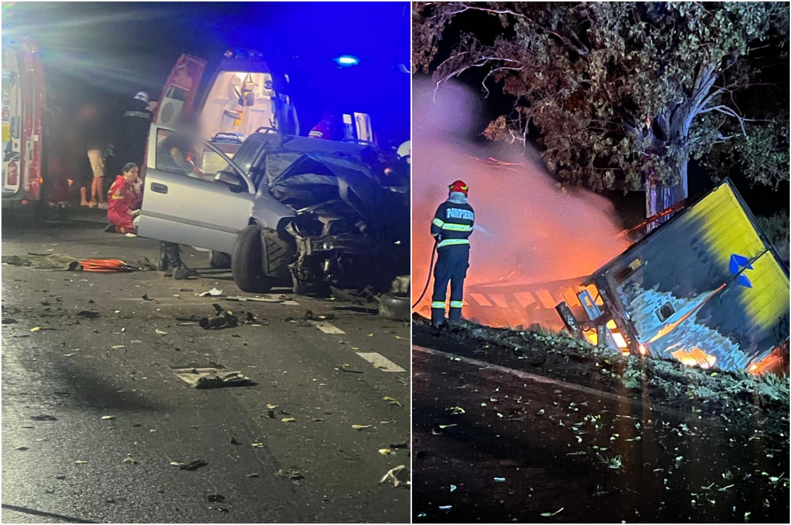 Tânăr de 24 de ani, mort într-un accident teribil, în Dolj. Băiatul ar fi intrat pe contrasens şi a lovit un TIR, care a fost mistuit de flăcări: alți 4 răniți