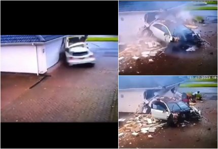 Momentul în care un Mercedes este spulberat după ce se izbeşte de un garaj din UK. Trei tineri au scăpat miraculos dintre fiarele maşinii