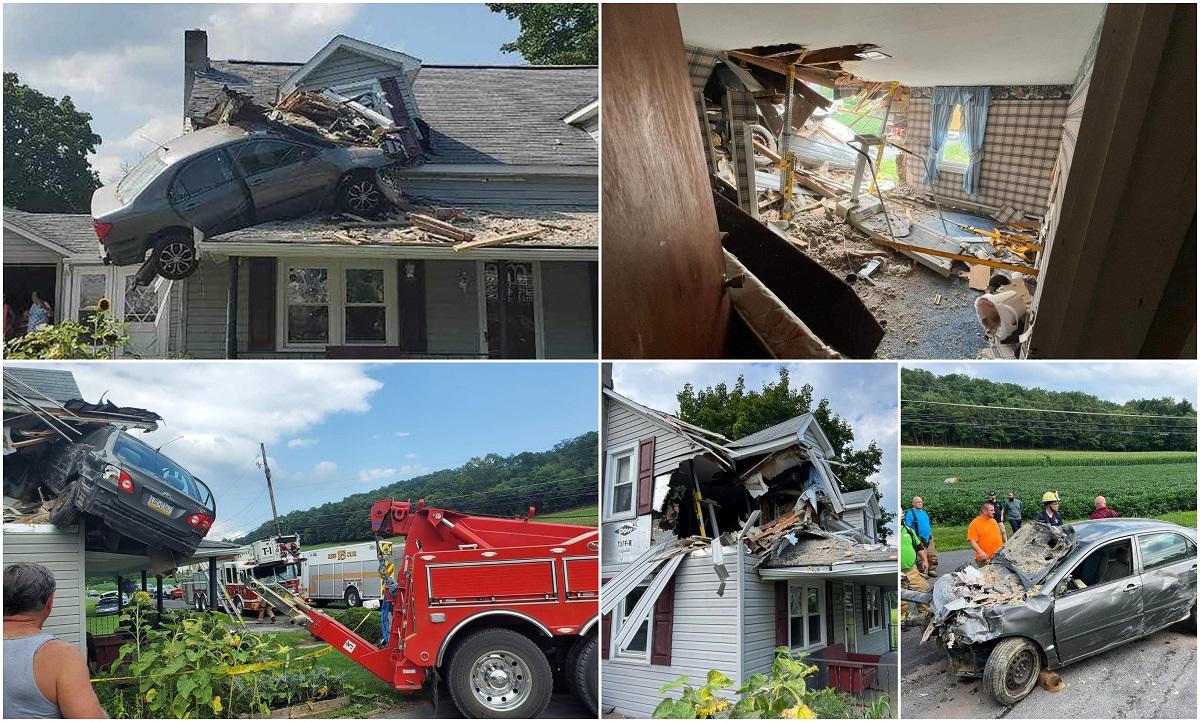 Accident bizar, în SUA. Un tânăr de 20 de ani a „zburat” cu mașina și s-a înfipt în mod intenționat în etajul doi al unei case