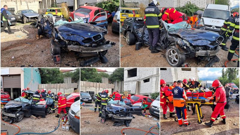 Doi bărbați, la spital după o cursă nebună cu BMW-ul. Mașina, făcută zob după ce a lovit alte 5 vehicule parcate pe marginea drumului