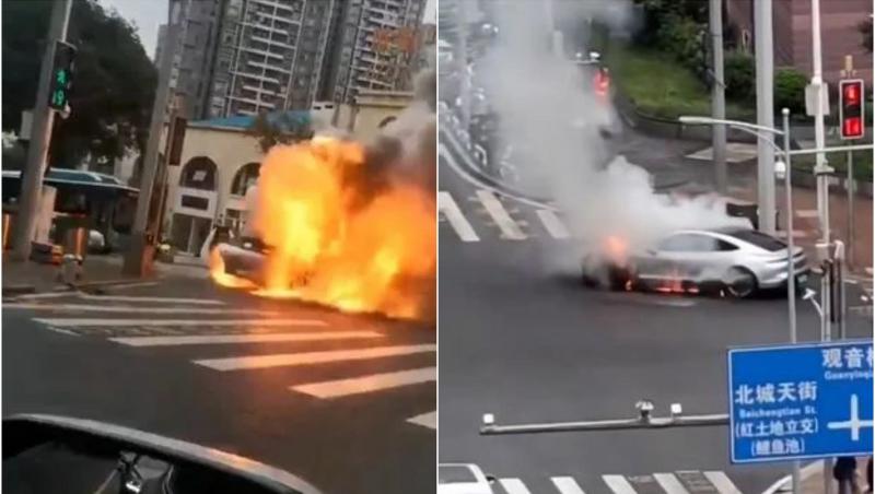 Un Porsche Taycan de 250.000 de dolari s-a făcut scrum într-o intersecție din China. Bolidul de lux a luat foc după un scurtcircuit