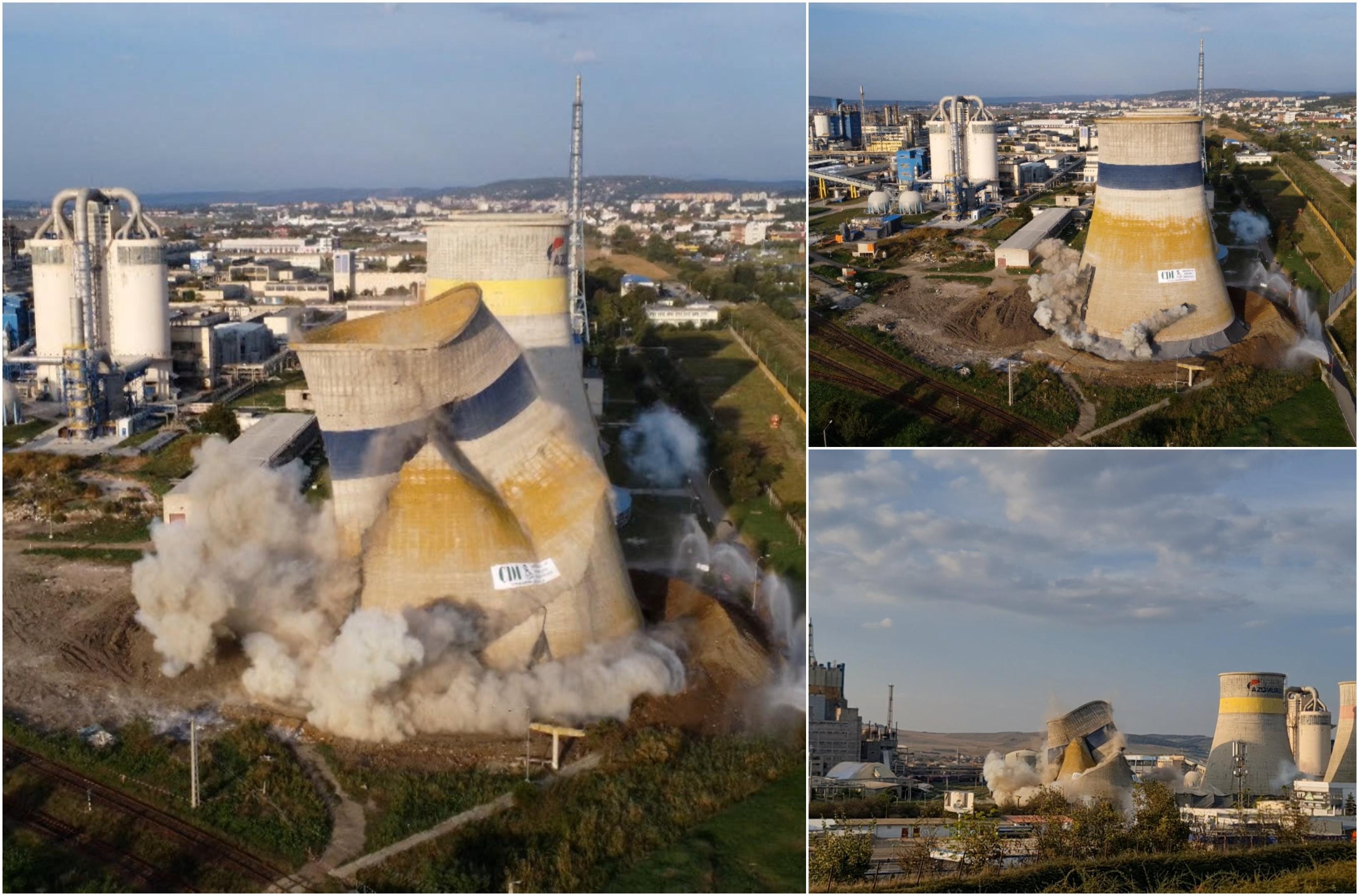 Momentul imploziei spectaculoase de la Combinatul Azomureş. Turn industrial de 50 de metri, detonat cu dinamită pentru a construi un parc fotovoltaic