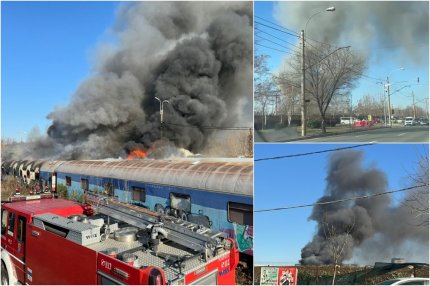 Incendiu puternic între Gara Basarab şi Podul Grant. Trei vagoane dezafectate ard ca o torţă în zona de triaj